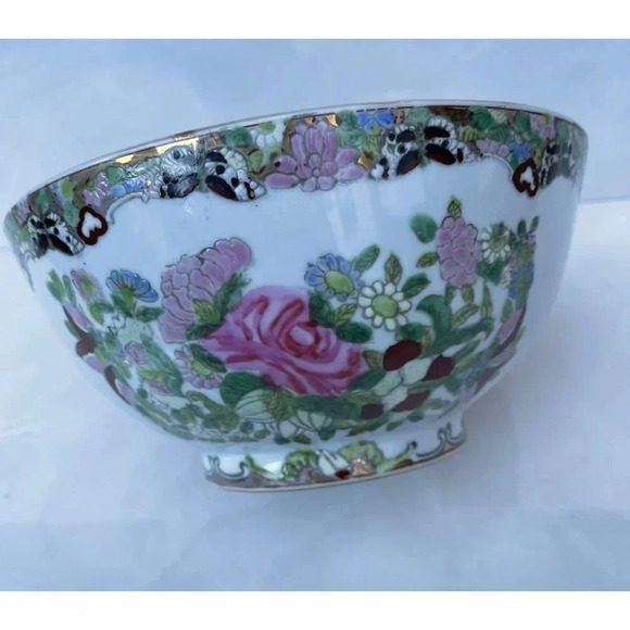 Antique Chinese Family Rose Medallion Hand Painted Decorated Bowl Gold Trim - Picture 15 of 16
